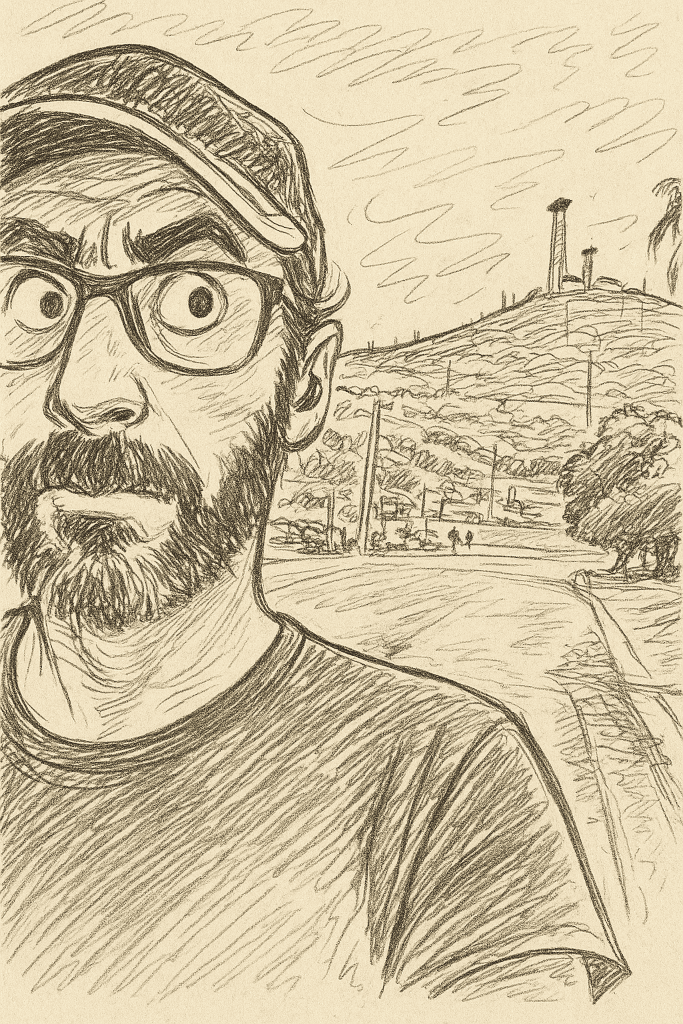 Selfie corriendo en el camino hacia el Cerro de la Memoria, con el cielo nublado y cara de esfuerzo.